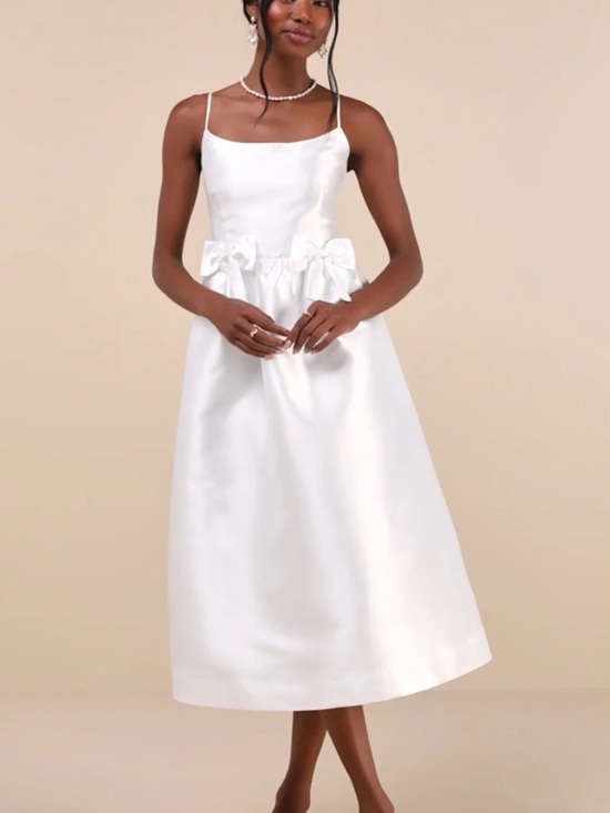 Lulus Dresses & Skirts - Lulu's White Satin Midi Dress with Double Waist Bows